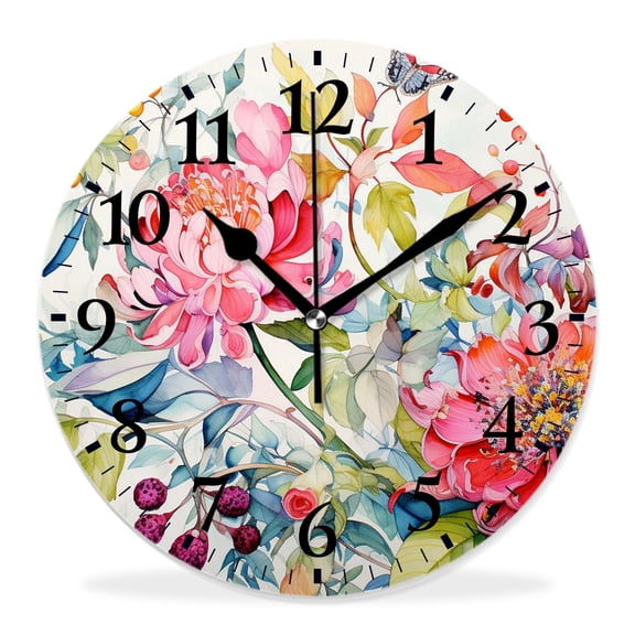 10 Inch Wall Clock Battery Operated Silent Clock Decorative for Office, Kitchen, Outdoor, Living RoomWild Herb Plant with Butterfly Strawberry Pattern Beautiful