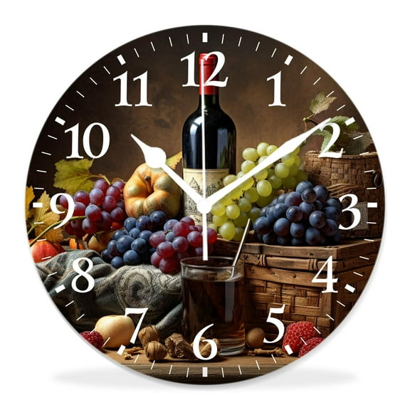 10 Inch Wall Clock Battery Operated Silent Clock Decorative for Office, Kitchen, Outdoor, Living RoomWine and Ripe Grapes on Wooden Table Lovely Drawing