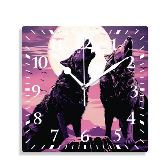 10 Inch Wall Clock Battery Operated Silent Clock Decorative for Office, Kitchen, Outdoor, Living RoomWolf Couple on Mountain Howling Moon Starry Night Sky Adorable