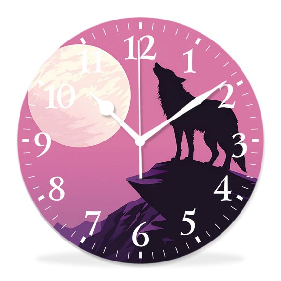 10 Inch Wall Clock Battery Operated Silent Clock Decorative for Office, Kitchen, Outdoor, Living RoomWolf Couple on Mountain Howling Moon Starry Night Sky Elegant