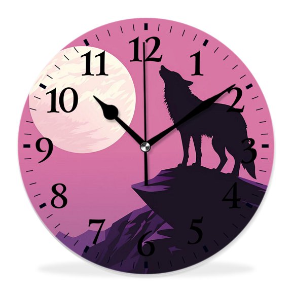 10 Inch Wall Clock Battery Operated Silent Clock Decorative for Office, Kitchen, Outdoor, Living RoomWolf Couple on Mountain Howling Moon Starry Night Sky Elegant