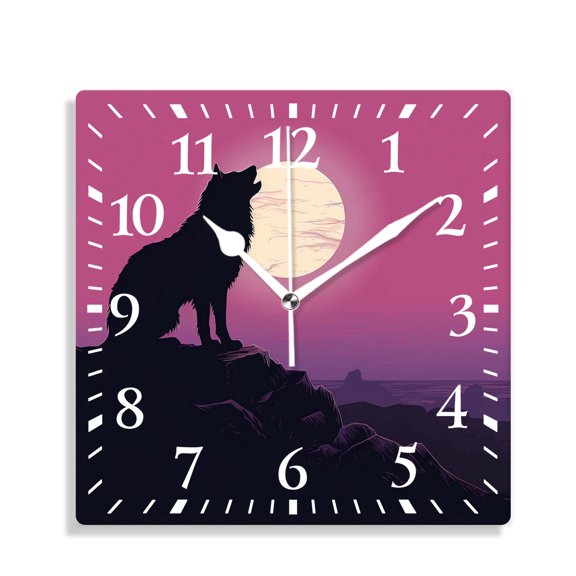 10 Inch Wall Clock Battery Operated Silent Clock Decorative for Office, Kitchen, Outdoor, Living RoomWolf Couple on Mountain Howling Moon Starry Night Sky Image