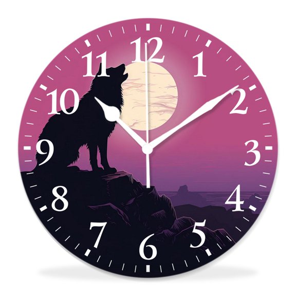 10 Inch Wall Clock Battery Operated Silent Clock Decorative for Office, Kitchen, Outdoor, Living RoomWolf Couple on Mountain Howling Moon Starry Night Sky Image