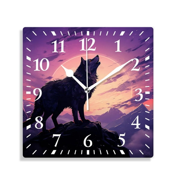 10 Inch Wall Clock Battery Operated Silent Clock Decorative for Office, Kitchen, Outdoor, Living RoomWolf Couple on Mountain Howling Moon Starry Night Sky Lovely