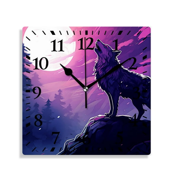 10 Inch Wall Clock Battery Operated Silent Clock Decorative for Office, Kitchen, Outdoor, Living RoomWolf Couple on Mountain Howling Moon Starry Night Sky Multicolor