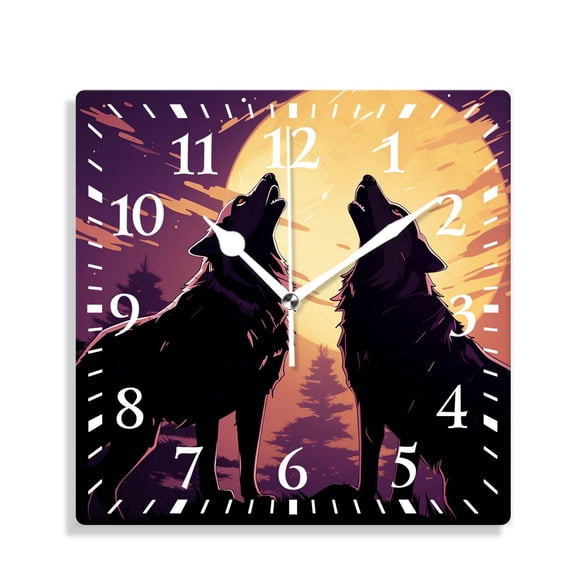 10 Inch Wall Clock Battery Operated Silent Clock Decorative for Office, Kitchen, Outdoor, Living RoomWolf Couple on Mountain Howling Moon Starry Night Sky Painting