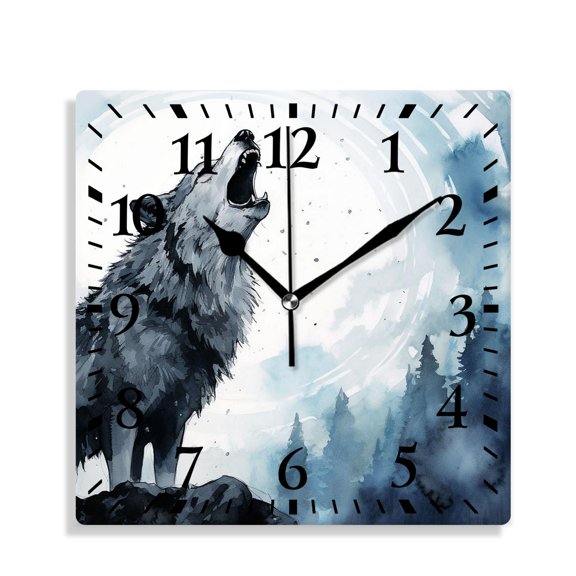 10 Inch Wall Clock Battery Operated Silent Clock Decorative for Office, Kitchen, Outdoor, Living RoomWolf Full Moon Blue Night Galaxy Starry Sky Image