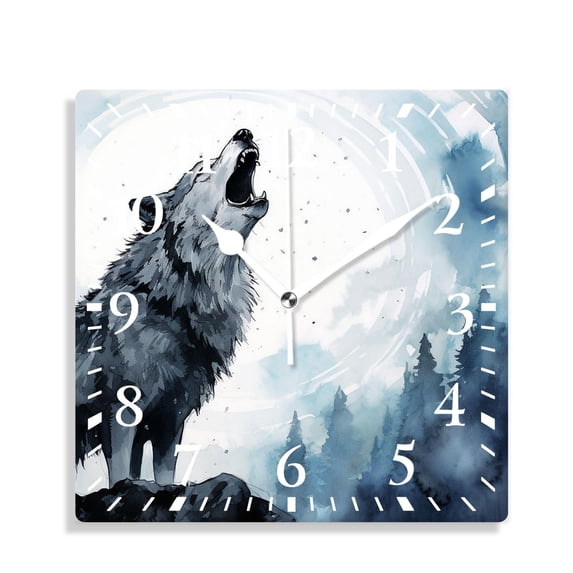 10 Inch Wall Clock Battery Operated Silent Clock Decorative for Office, Kitchen, Outdoor, Living RoomWolf Full Moon Blue Night Galaxy Starry Sky Image