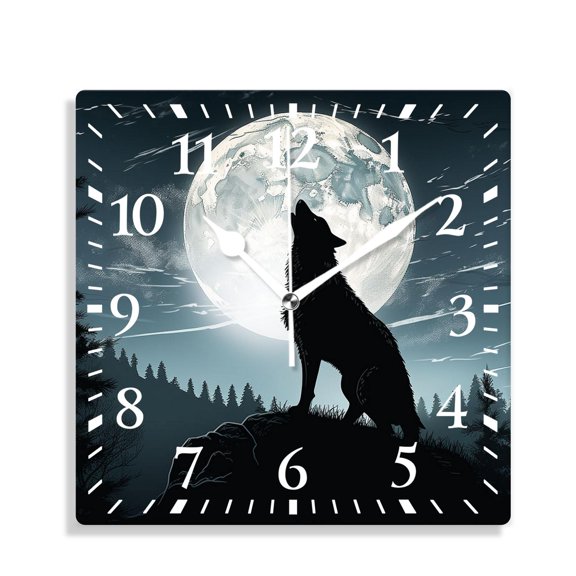 10 Inch Wall Clock Battery Operated Silent Clock Decorative for Office, Kitchen, Outdoor, Living RoomWolf Full Moon Blue Night Galaxy Starry Sky Lovely