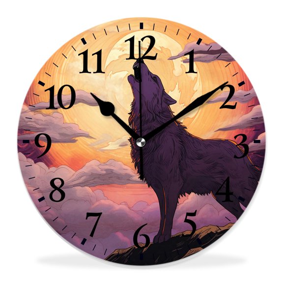 10 Inch Wall Clock Battery Operated Silent Clock Decorative for Office, Kitchen, Outdoor, Living RoomWolf Full Moon Mountain Top Cloud Sky Tree Forest Lovely