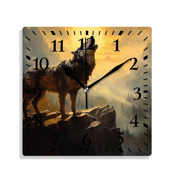 10 Inch Wall Clock Battery Operated Silent Clock Decorative for Office, Kitchen, Outdoor, Living RoomWolf Full Moon Mountain Top Cloud Sky Tree forest Drawing