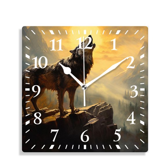 10 Inch Wall Clock Battery Operated Silent Clock Decorative for Office, Kitchen, Outdoor, Living RoomWolf Full Moon Mountain Top Cloud Sky Tree forest Drawing
