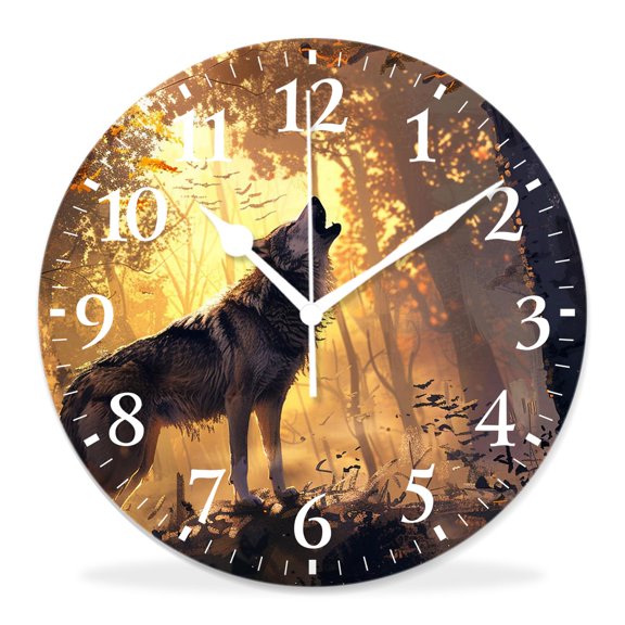 10 Inch Wall Clock Battery Operated Silent Clock Decorative for Office, Kitchen, Outdoor, Living RoomWolf Full Moon Mountain Top Cloud Sky Tree forest Gorgeous