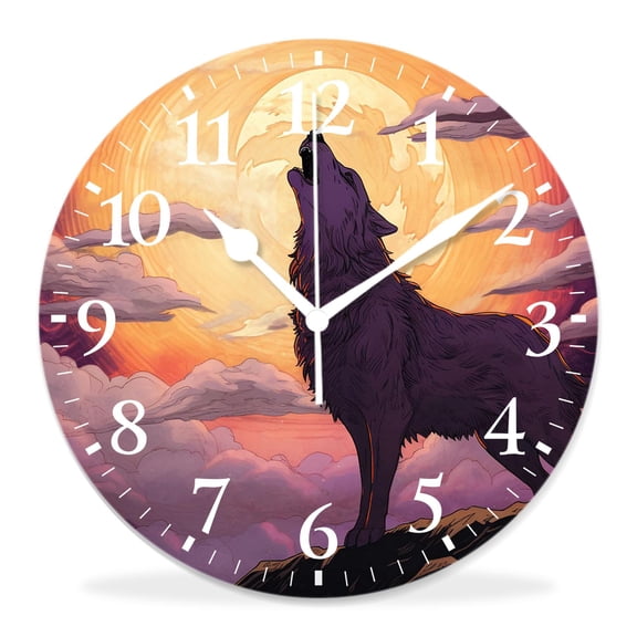 10 Inch Wall Clock Battery Operated Silent Clock Decorative for Office, Kitchen, Outdoor, Living RoomWolf Full Moon Mountain Top Cloud Sky Tree forest Lovely