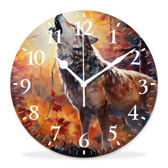 10 Inch Wall Clock Battery Operated Silent Clock Decorative for Office, Kitchen, Outdoor, Living RoomWolf Full Moon Mountain Top Cloud Sky Tree forest Painting