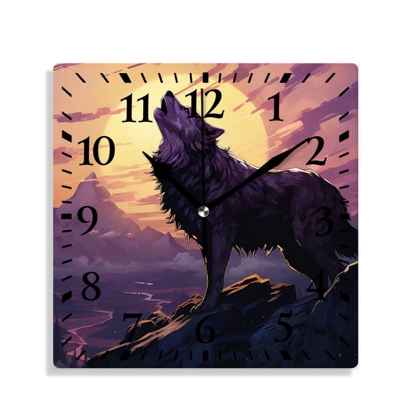 10 Inch Wall Clock Battery Operated Silent Clock Decorative for Office, Kitchen, Outdoor, Living RoomWolf Full Moon Mountain Top Cloud Sky Tree forest Pattern
