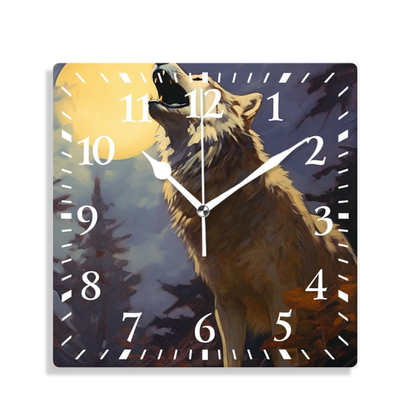 10 Inch Wall Clock Battery Operated Silent Clock Decorative for Office, Kitchen, Outdoor, Living RoomWolf Full Moon Mountain Top Cloud Sky Tree forest Picture