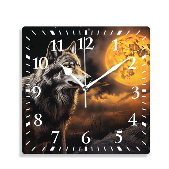 10 Inch Wall Clock Battery Operated Silent Clock Decorative for Office, Kitchen, Outdoor, Living RoomWolf Full Moon Mountain Top Cloud Sky Tree forest Print