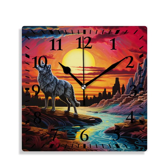 10 Inch Wall Clock Battery Operated Silent Clock Decorative for Office, Kitchen, Outdoor, Living RoomWolf Silhouette Moon Night Landscape Nature Style