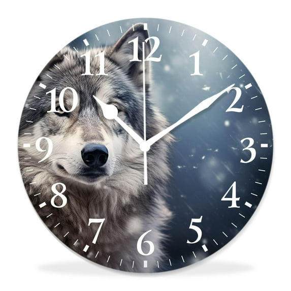 10 Inch Wall Clock Battery Operated Silent Clock Decorative for Office, Kitchen, Outdoor, Living Room,Wolf on Snow Winter Landscape with Snowflake Elegant