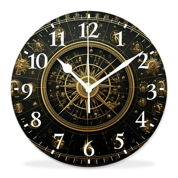 10 Inch Wall Clock Battery Operated Silent Clock Decorative for Office, Kitchen, Outdoor, Living RoomZodiac Constellation Signs in Circle Sun Moon Cute Drawing