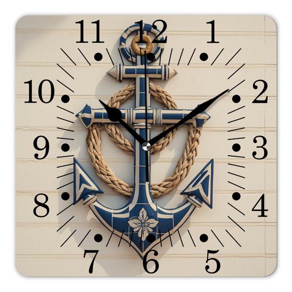 10 Inch Wall Clock Battery Operated Square Clock for Office, Kitchen, Outdoor, Living Room,Anchor Wooden White Rusty Marine Boating Anchor Design Drawing