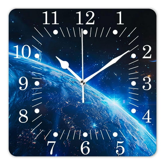 10 Inch Wall Clock Battery Operated Square Clock for Office, Kitchen, Outdoor, Living Room,Blue Shiny Earth In Space Luminous Globe Planet Solar System Multicolor