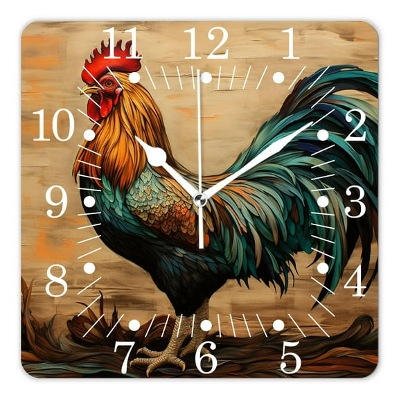 10 Inch Wall Clock Battery Operated Square Clock for Office, Kitchen, Outdoor, Living Room,Bright Colored Rooster Chicken In Green Grass Field Woodland Image