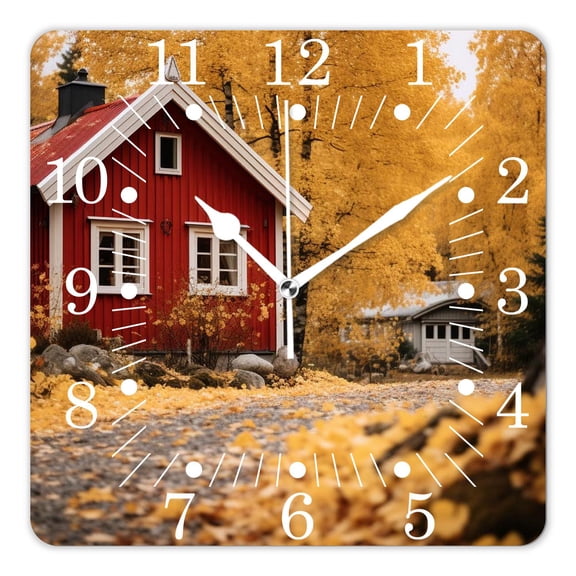 10 Inch Wall Clock Battery Operated Square Clock for Office, Kitchen, Outdoor, Living Room,Fall Traditional Red Swedish House Environment Countryside Woods Image