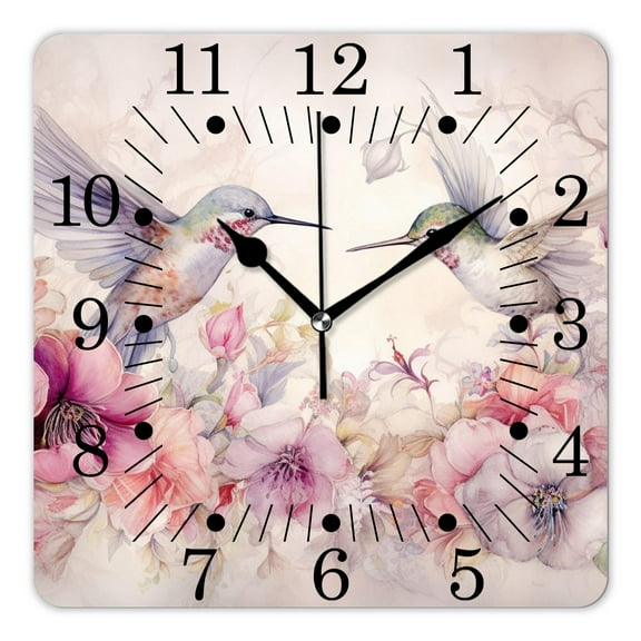 10 Inch Wall Clock Battery Operated Square Clock for Office, Kitchen, Outdoor, Living Room,Floral Hummingbird Pattern Watercolor Bird Flower Tropical Beautiful