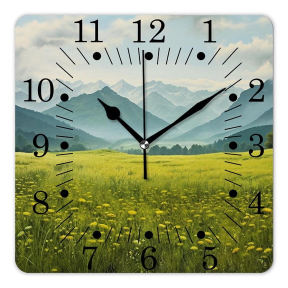 10 Inch Wall Clock Battery Operated Square Clock for Office, Kitchen, Outdoor, Living Room,Fog Sunrise of Grassy Landed Hills with Sky of Sunbeams Beautiful