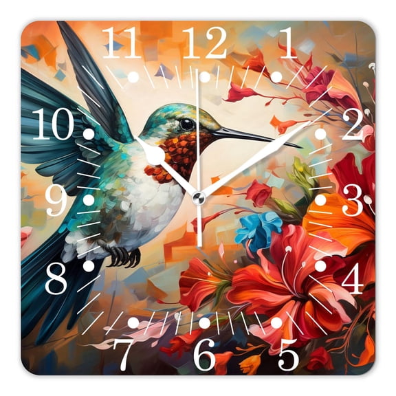 10 Inch Wall Clock Battery Operated Square Clock for Office, Kitchen, Outdoor, Living Room,Hummingbird Bird Blossoming Red Flower Floral Print Adorable