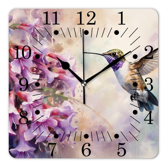 10 Inch Wall Clock Battery Operated Square Clock for Office, Kitchen, Outdoor, Living Room,Hummingbird Over Purple Flower Bush Watercolor Painting Floral Bird Art