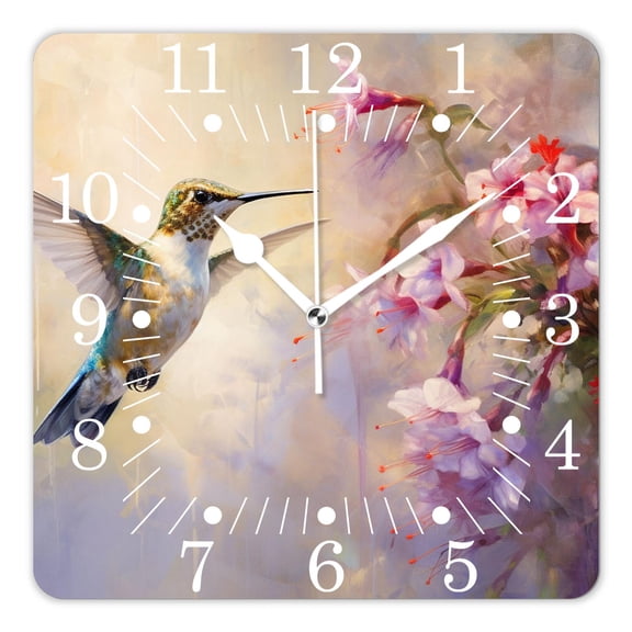 10 Inch Wall Clock Battery Operated Square Clock for Office, Kitchen, Outdoor, Living Room,Hummingbird Over Purple Flower Bush Watercolor Painting Floral Bird Pattern