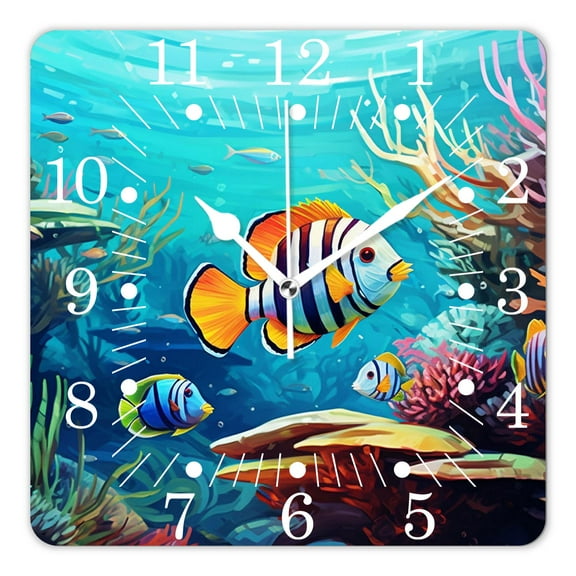 10 Inch Wall Clock Battery Operated Square Clock for Office, Kitchen, Outdoor, Living Room,Marine Sea Life Underwater World Zebrafish Fish Coral Reef Plant Multicolor