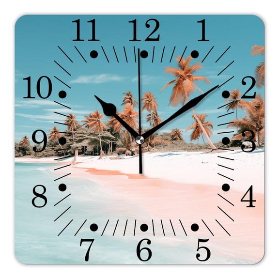 10 Inch Wall Clock Battery Operated Square Clock for Office, Kitchen, Outdoor, Living Room,Ocean Beach Palm Tree Blue Sky White Cloud Tropical Summer Style