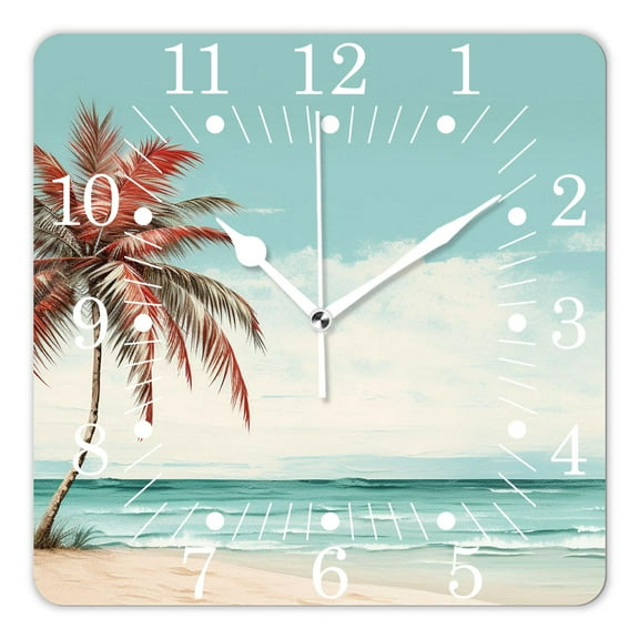 10 Inch Wall Clock Battery Operated Square Clock for Office, Kitchen, Outdoor, Living Room,Palm Tree on Blue Ocean Beach Bright Sunshine Summer Time Design Image