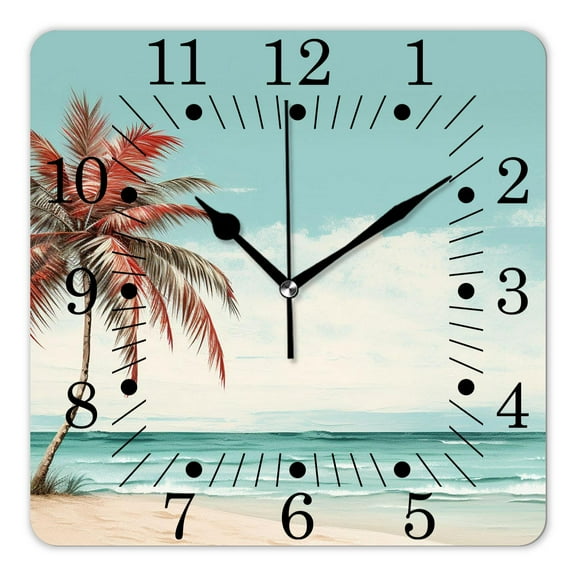 10 Inch Wall Clock Battery Operated Square Clock for Office, Kitchen, Outdoor, Living Room,Palm Tree on Blue Ocean Beach Bright Sunshine Summer Time Design Image
