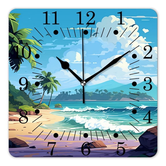 10 Inch Wall Clock Battery Operated Square Clock for Office, Kitchen, Outdoor, Living Room,Palm Tree Tropical Ocean Beach with Sunshine Cloud Sky Drawing