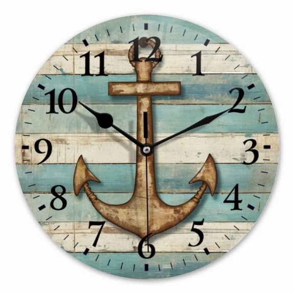 10 Inch Wall Clock Battery Operated Square Clock for Office, Kitchen, Outdoor, Living Room, Rustic Wooden Anchor On Weathered Blue And White Striped Background
