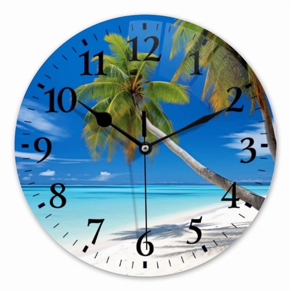 10 Inch Wall Clock Battery Operated Square Clock for Office, Kitchen, Outdoor, Living Room, Tropical Beach With Palm Trees And Crystal-Clear Turquoise Water