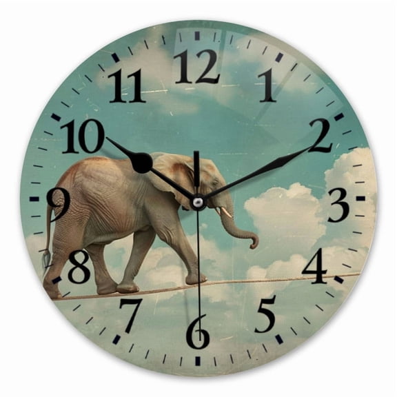 10 Inch Wall Clock Battery Operated Square Clock for Office, Kitchen, Outdoor, Living Room, Vintage-Style Depiction Of Elephant Walking On Tightrope In The Sky
