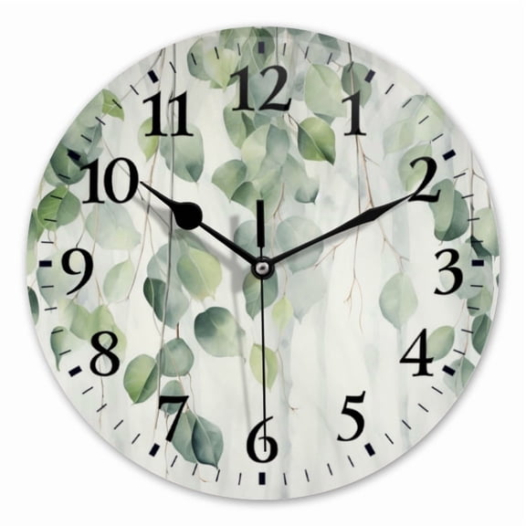 10 Inch Wall Clock Battery Operated Square Clock for Office, Kitchen, Outdoor, Living Room, White Background With Eucalyptus Leaves Hanging Down In The Foreground