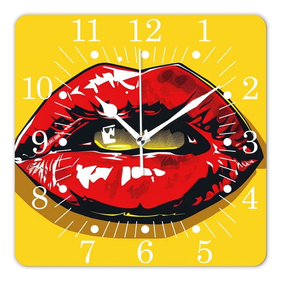 10 Inch Wall Clock Battery Operated Square Clock for Office, Kitchen, Outdoor, Living Room,Abstract Retro Pop Style Inspired Woman Lips Amazing