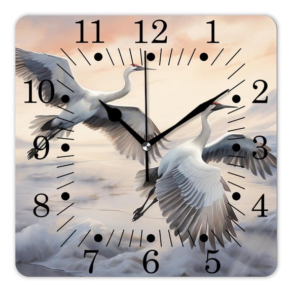 10 Inch Wall Clock Battery Operated Square Clock for Office, Kitchen, Outdoor, Living Room,Africa Dancing Pair of Crane with Open Wings Image