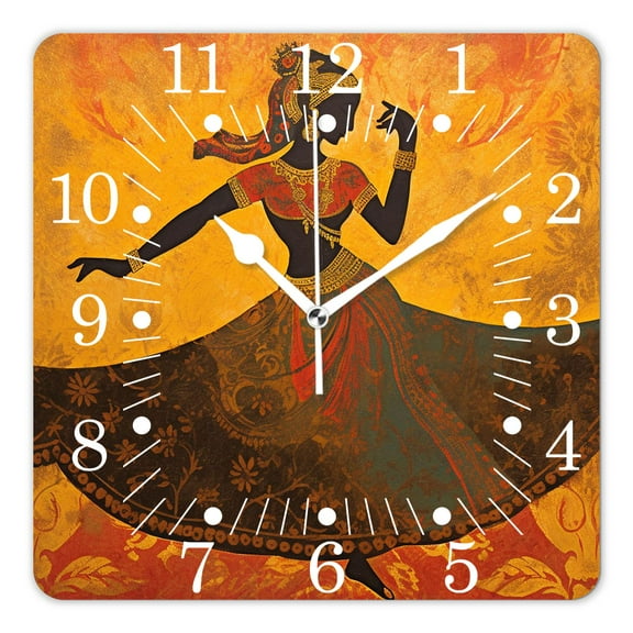 10 Inch Wall Clock Battery Operated Square Clock for Office, Kitchen, Outdoor, Living Room,African Indian Woman Dance on India Floral Flower Print