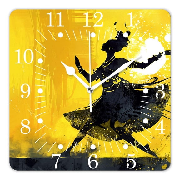 10 Inch Wall Clock Battery Operated Square Clock for Office, Kitchen, Outdoor, Living Room,African Indian Woman Dance on India Floral Graceful
