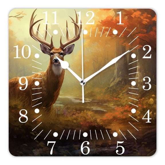 10 Inch Wall Clock Battery Operated Square Clock for Office, Kitchen, Outdoor, Living Room,American Flag Deer Forest Creative