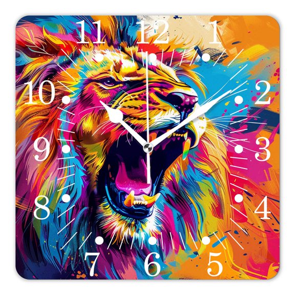 10 Inch Wall Clock Battery Operated Square Clock for Office, Kitchen, Outdoor, Living Room,An Image with A Lion Face Made with Watercolors Attractive