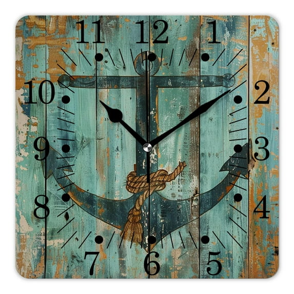 10 Inch Wall Clock Battery Operated Square Clock for Office, Kitchen, Outdoor, Living Room,Anchor on Wooden Plank Rustic Cute